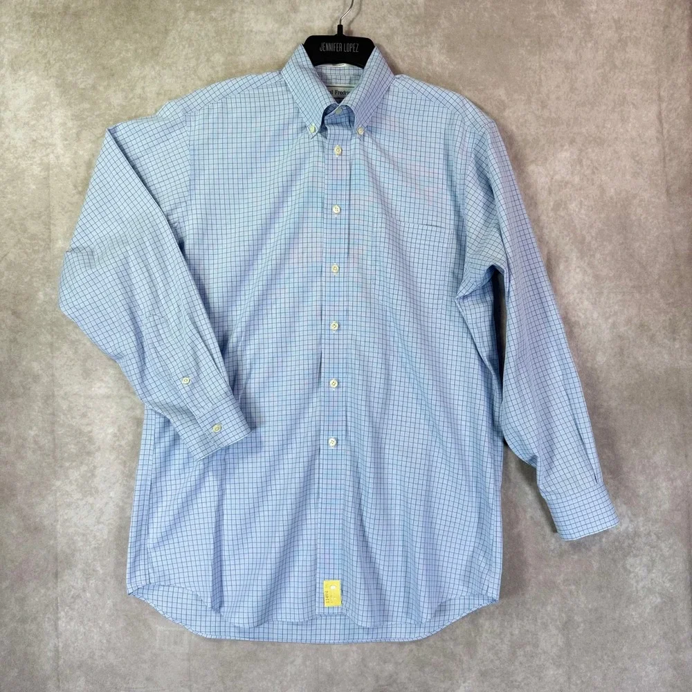 Paul Fredrick Button Down Shirt Mens 15.5 33 Blue Grid Check Long Sleeve Cotton